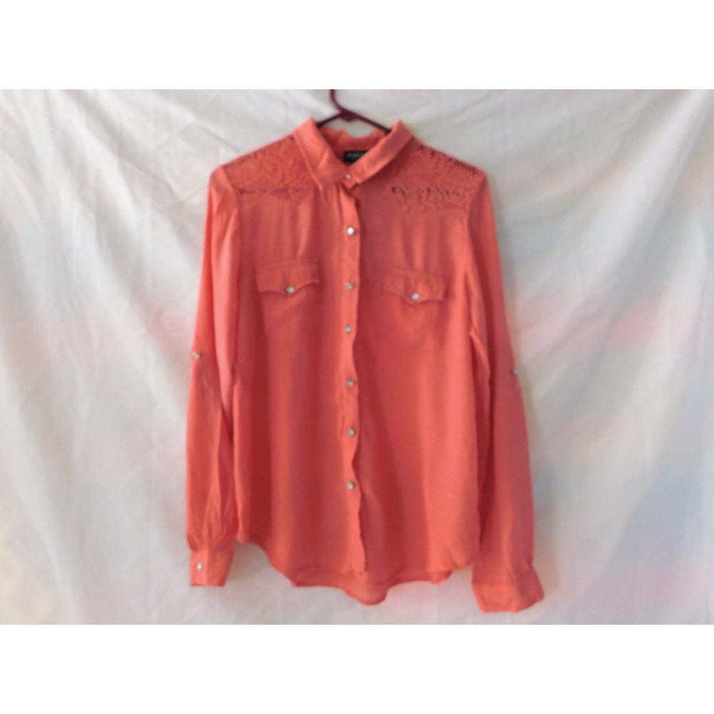 Womens Juniors XLg Shirt ABOUT A GIRL Los‎ Angeles Sheer Long Sleeve Button Up